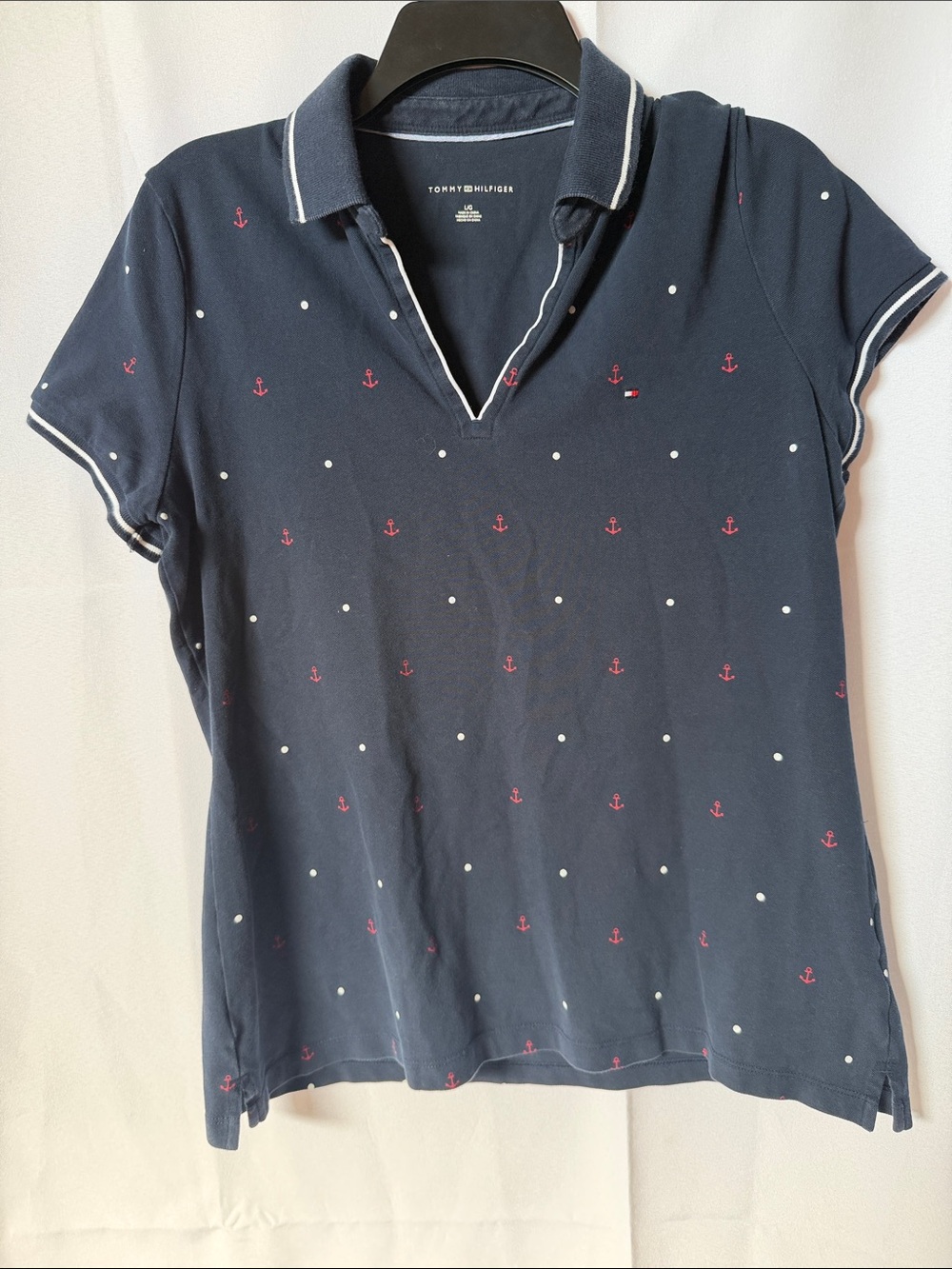 Tommy Hilfiger Navy Polo Top with Pink Anchor & White Dot Print